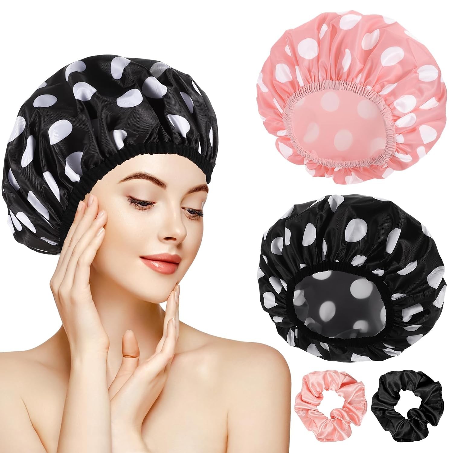 2 Packs Terry Cloth Lined Shower Cap Large Triple Layer Waterproof Pink Black