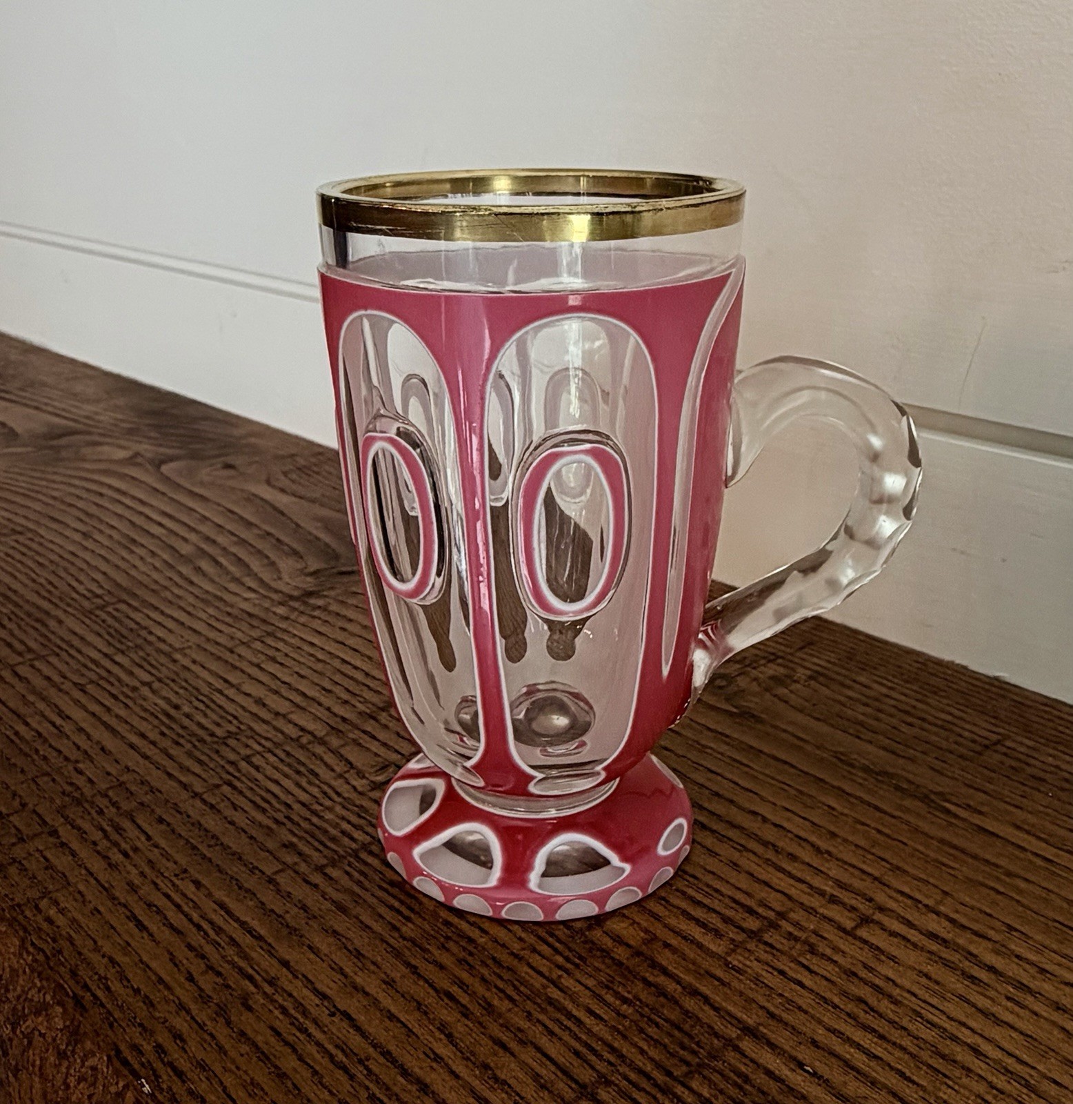 RARE 19th C. Biedermeier Footed Gothic Style Tankard with Double Overlay C. 1850