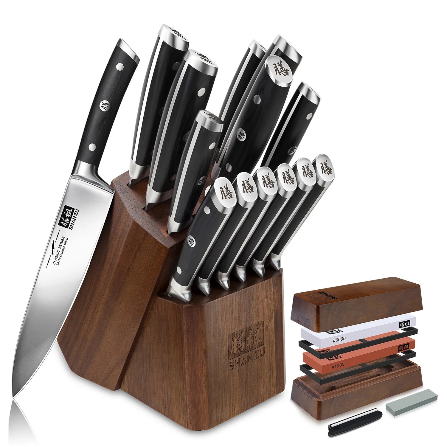 SHAN ZU Kitchen Knife Set with Block 14-Piece German Chef's Knife with Whetstone