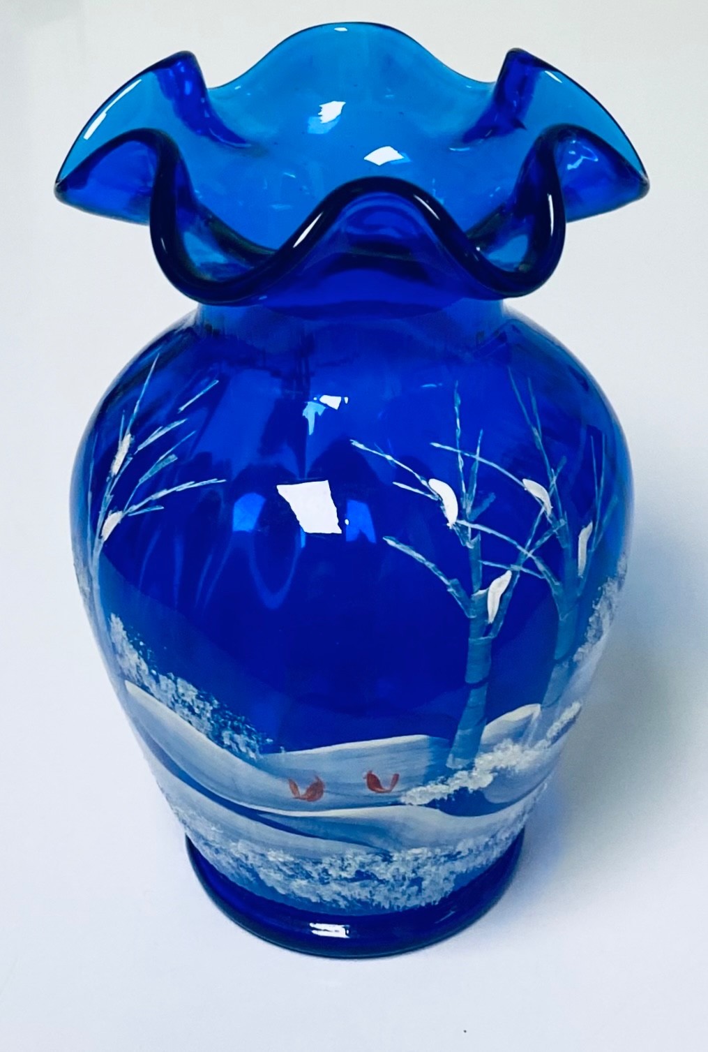 Rare FENTON 100th Cobalt Blue Art Glass Vase w/ Ruffled Rim Hand Painted Winter