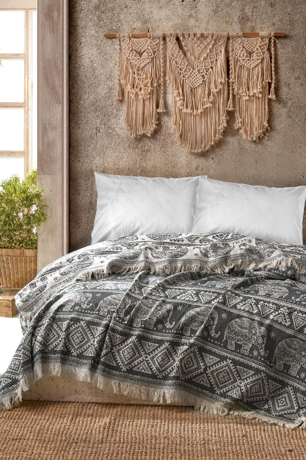 Natural Cotton Queen Elephant Fringe Bedspread Throw Blanket Reversible