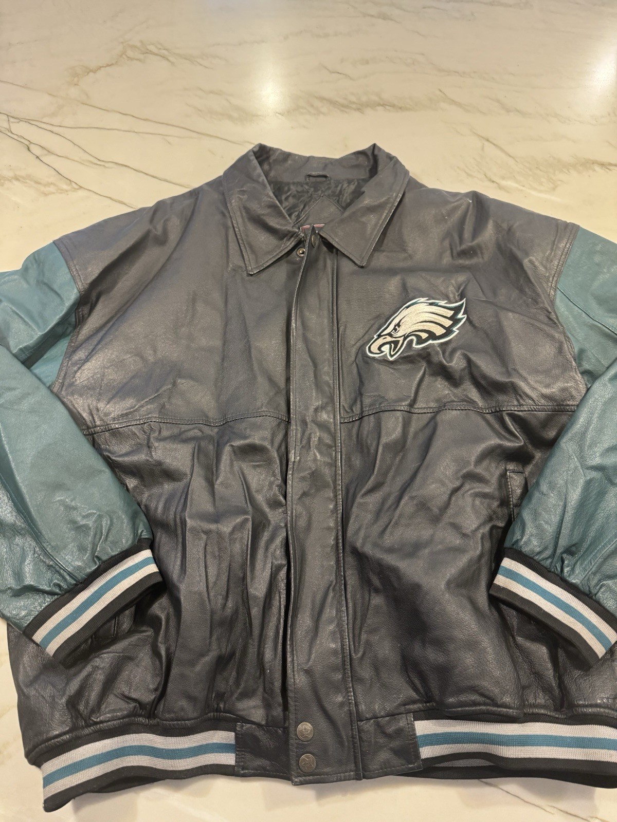 Vintage Philadelphia Eagles Genuine Leather Jacket XXL Essex NFL Black Teal 90s