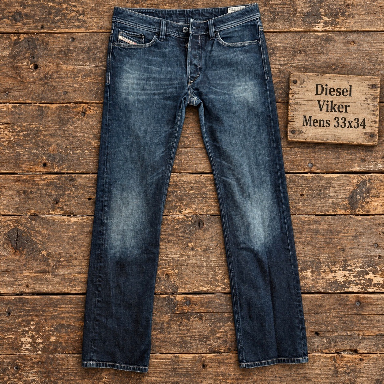 Diesel Viker Mens Jeans 33x34 Straight Leg Dark Indigo Wash 008FC Stretch Denim