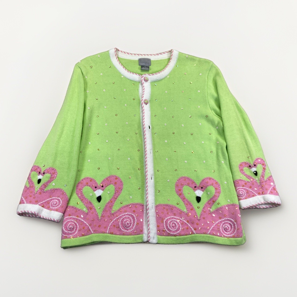 Berek Sweater Women\'s M Cardigan Green Flamimgo Beaded Knit Y2k Vintage Berek Sweater Women\'s M Cardigan Green Flamimgo Beaded Knit Y2k Vintage