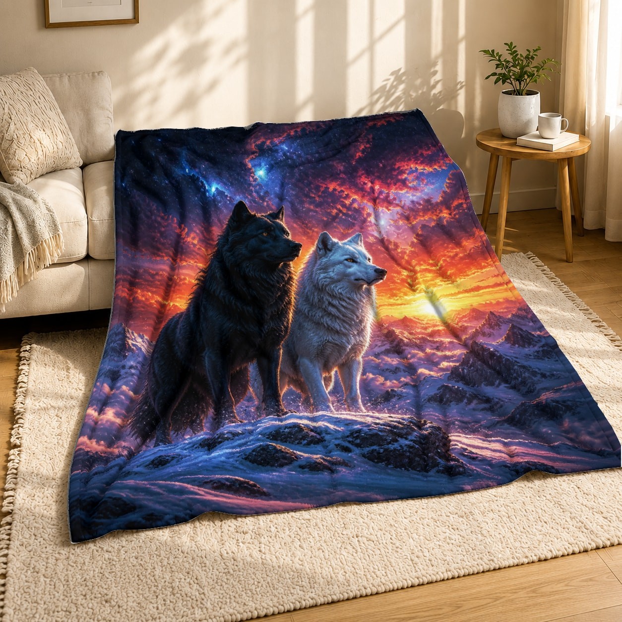 Sunset Wolf Pair Coral Fleece Blanket Wildlife Silhouette