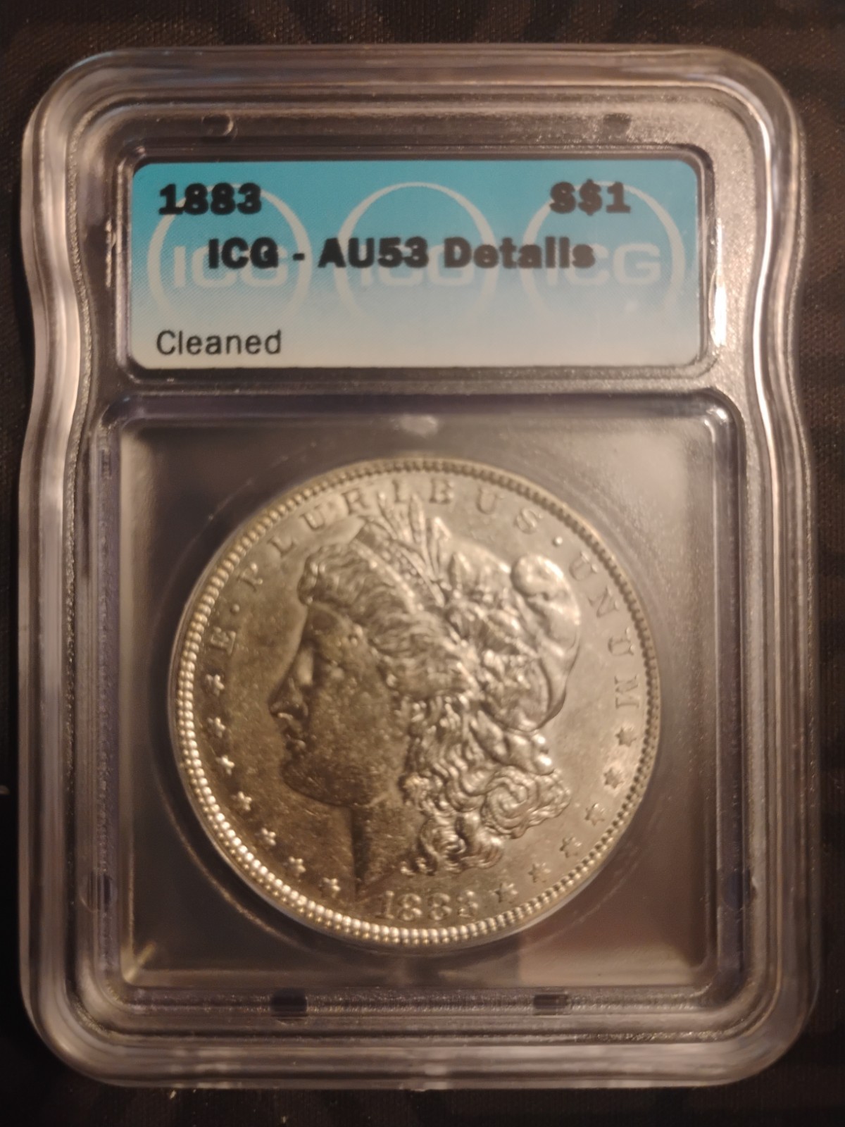 1883  Morgan Silver Dollar Philadelphia 90% Silver - ICG AU53 Cleaned