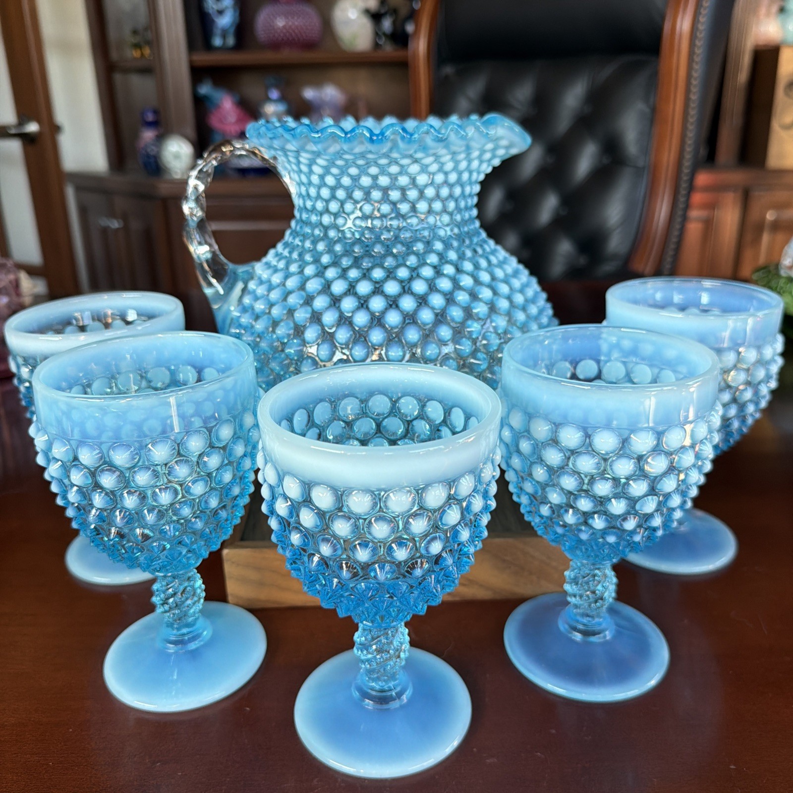 Exquiste Vintage Fenton Blue Opalescent English Hobnail 6 pc Water Set Ex Cond
