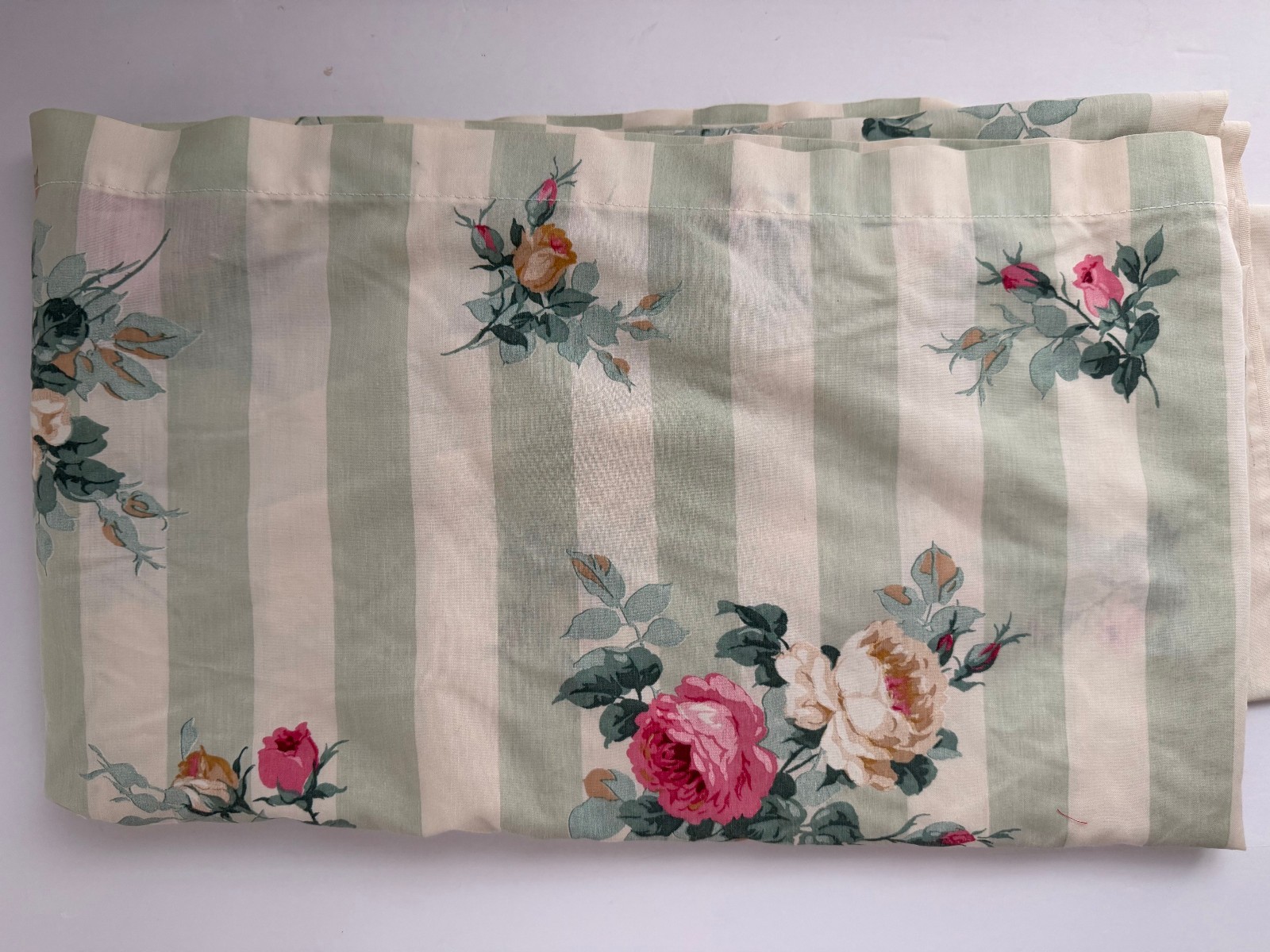 Vintage Thomaston RoseAnne cotton blend floral striped flat sheet FULL