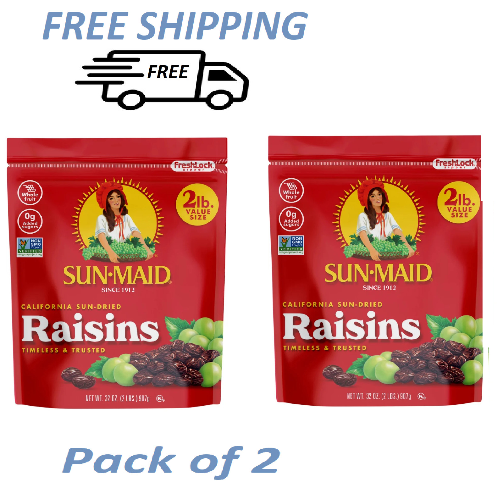 Sun-Maid California Sun-Dried Raisins - (2 Pack) 32 Oz Resealable Bag - Dried F
