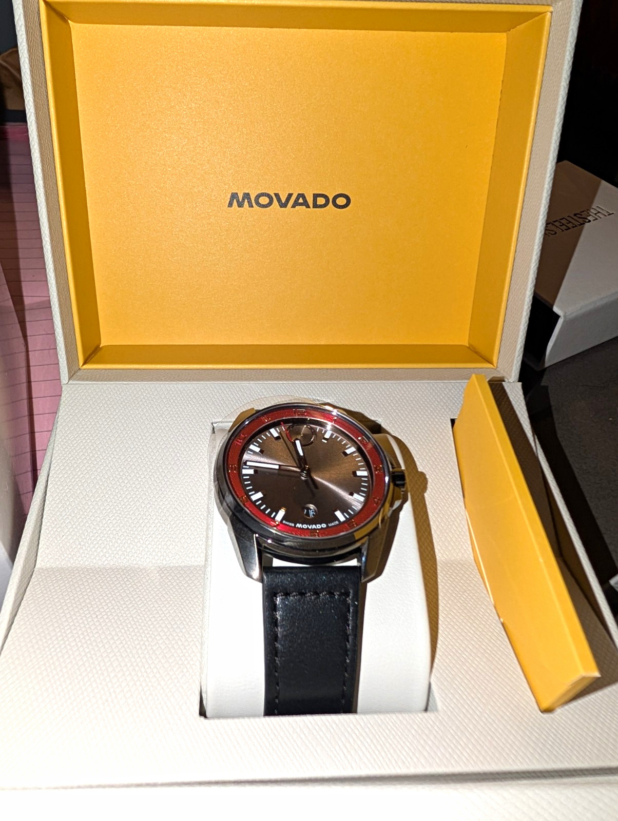 Movado Mens Bold Verso S Swiss Quartz Black Leather Watch, 42mm READ DESCRIPTION