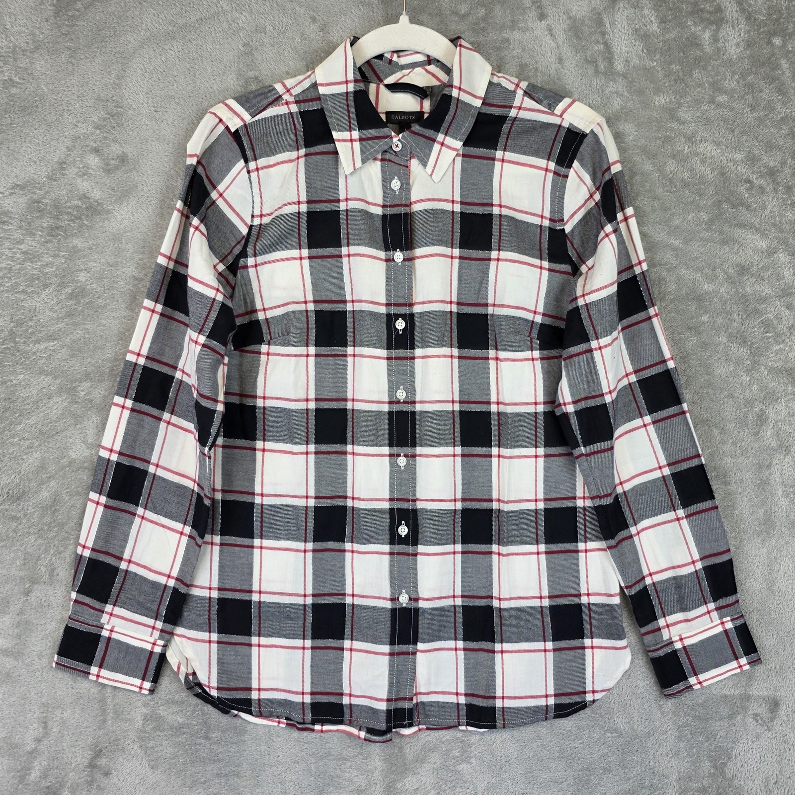 Talbots Shirt Womens S Gray Red Plaid Collared Long Sleeve Button Up Casual Top