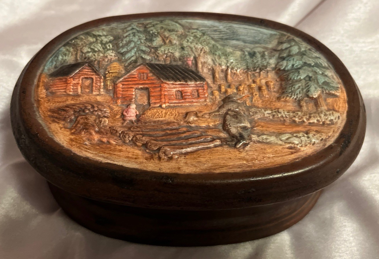 VTG Rustic Ceramic Trinket Box Featuring Log Cabins And Pine Trees VTG Rustic Ceramic Trinket Box Featuring Log Cabins And Pine Trees