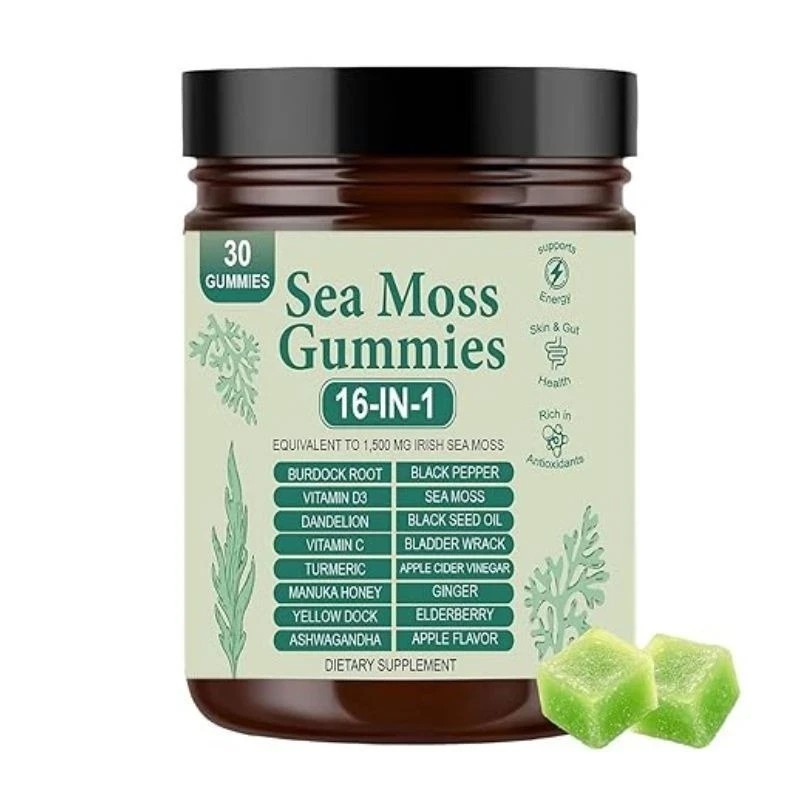 16 IN 1 Organic Sea Moss Gummy Irishmoss Extract 6000Mg Green Apple Flavor US