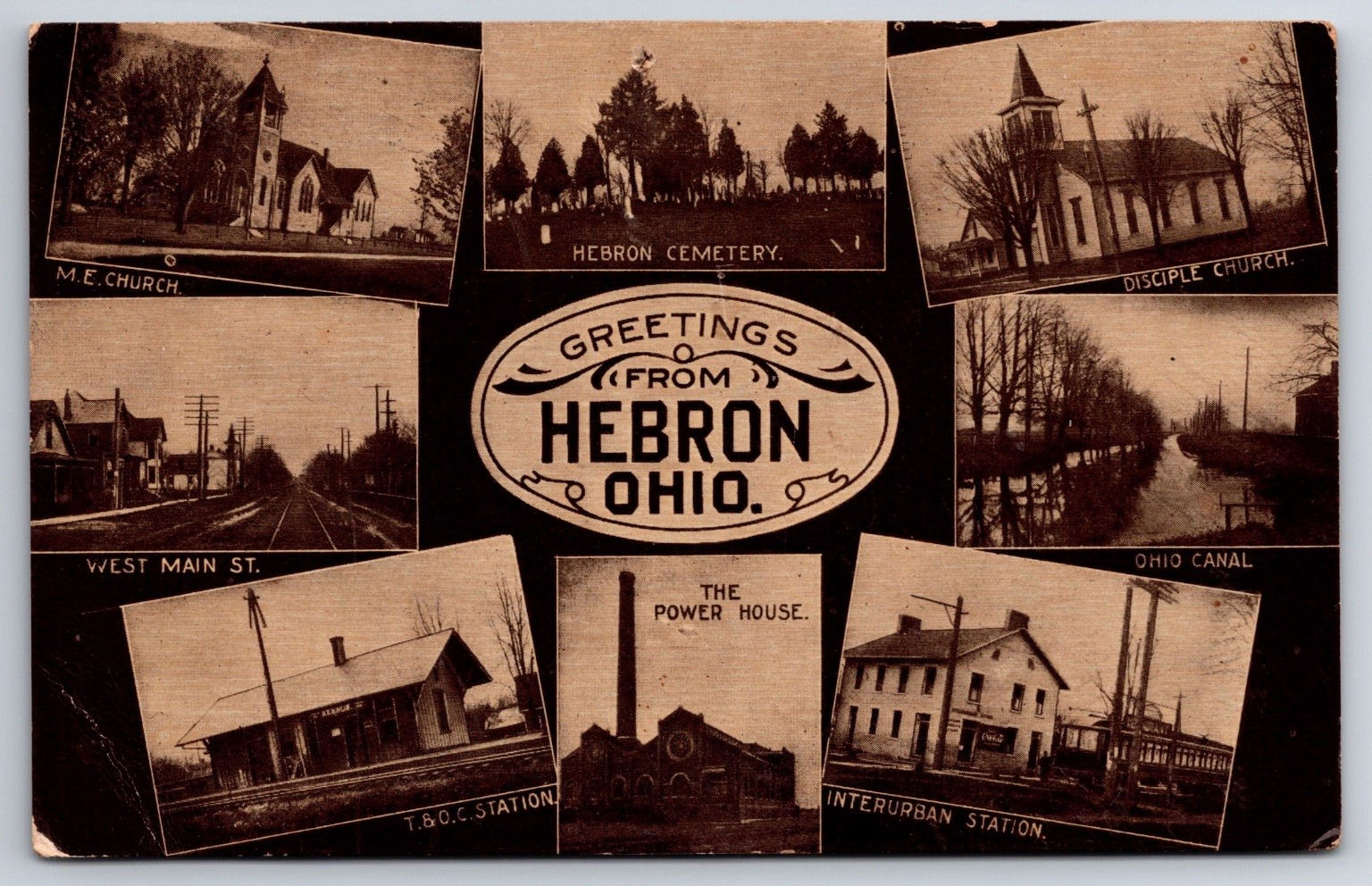 Hebron Ohio Collage Postcard M.E. Disciple Churches Cemetery Ohio Canal 1910