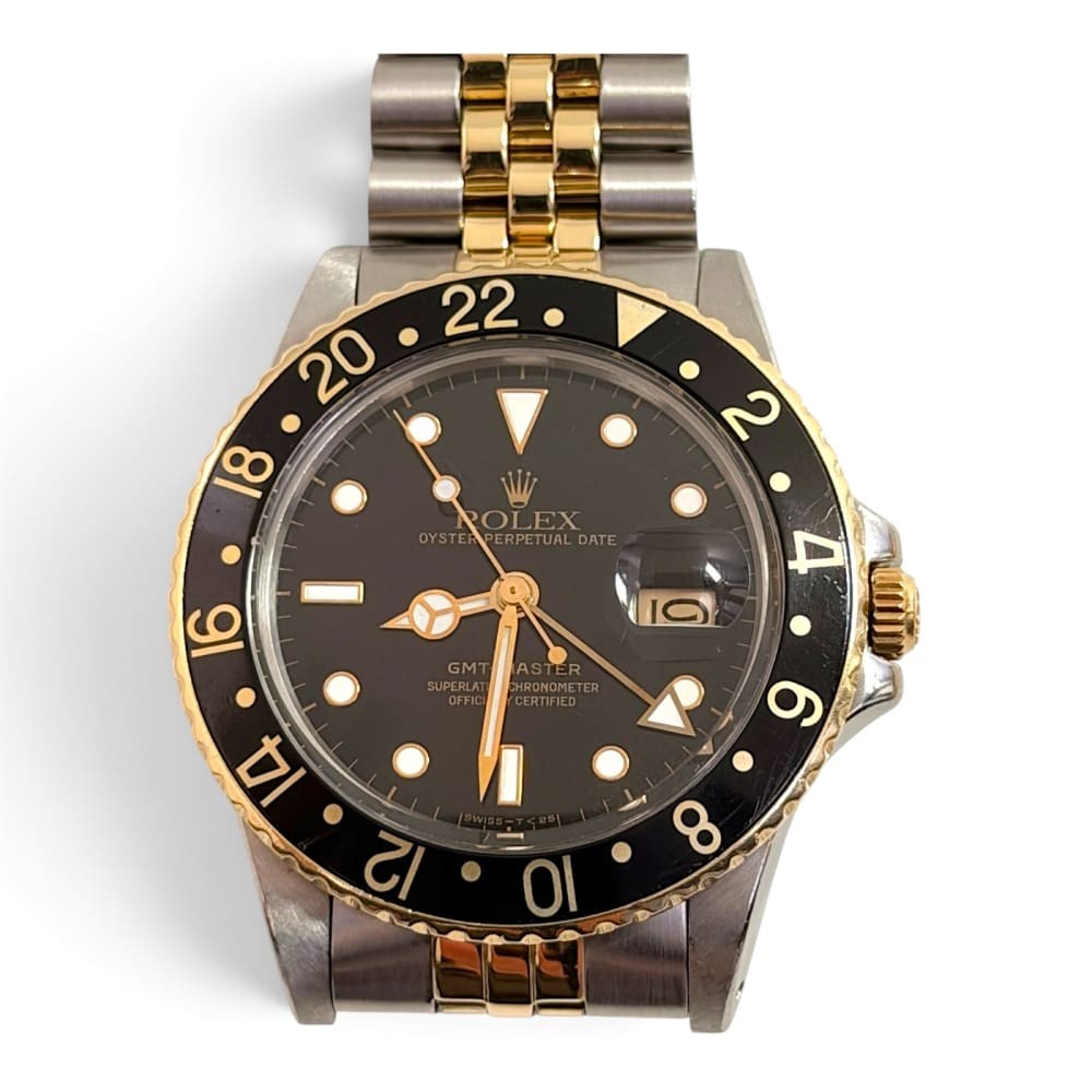 W/Box Rolex GMT Master 40 mm Two Tone Black Automatic Watch 16753 Circa 1979