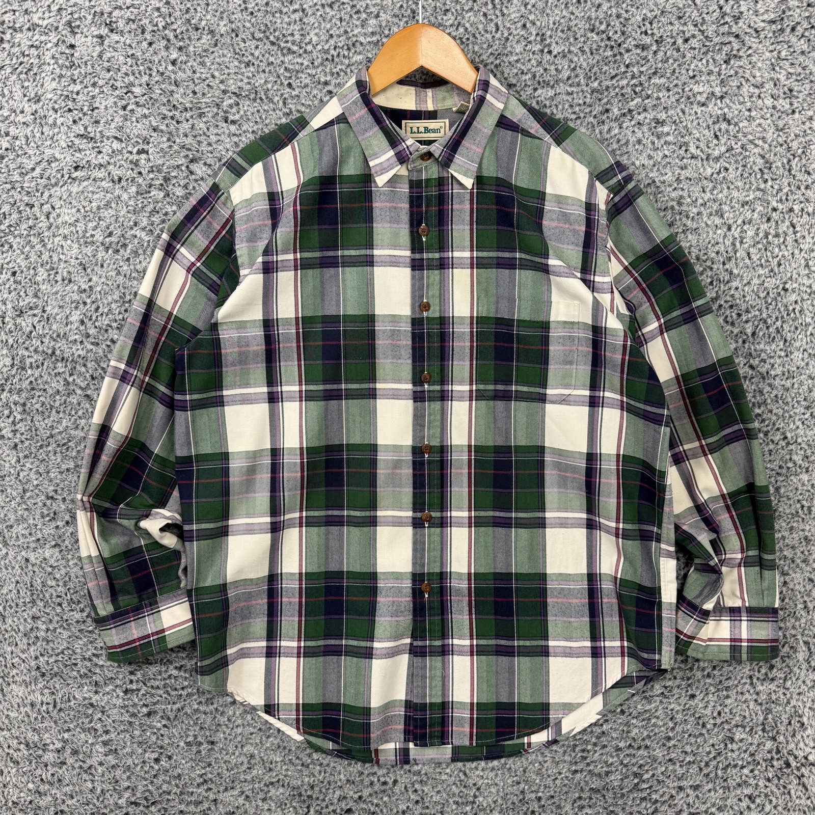 Vintage LL Bean Shirt Mens Large Green Plaid Button Up Long Sleeve Fall 90s