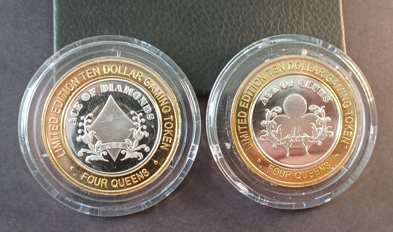 Silver Strike Four Queens Casino $10 gaming tokens (2), Ace of Diamonds & Clubs
