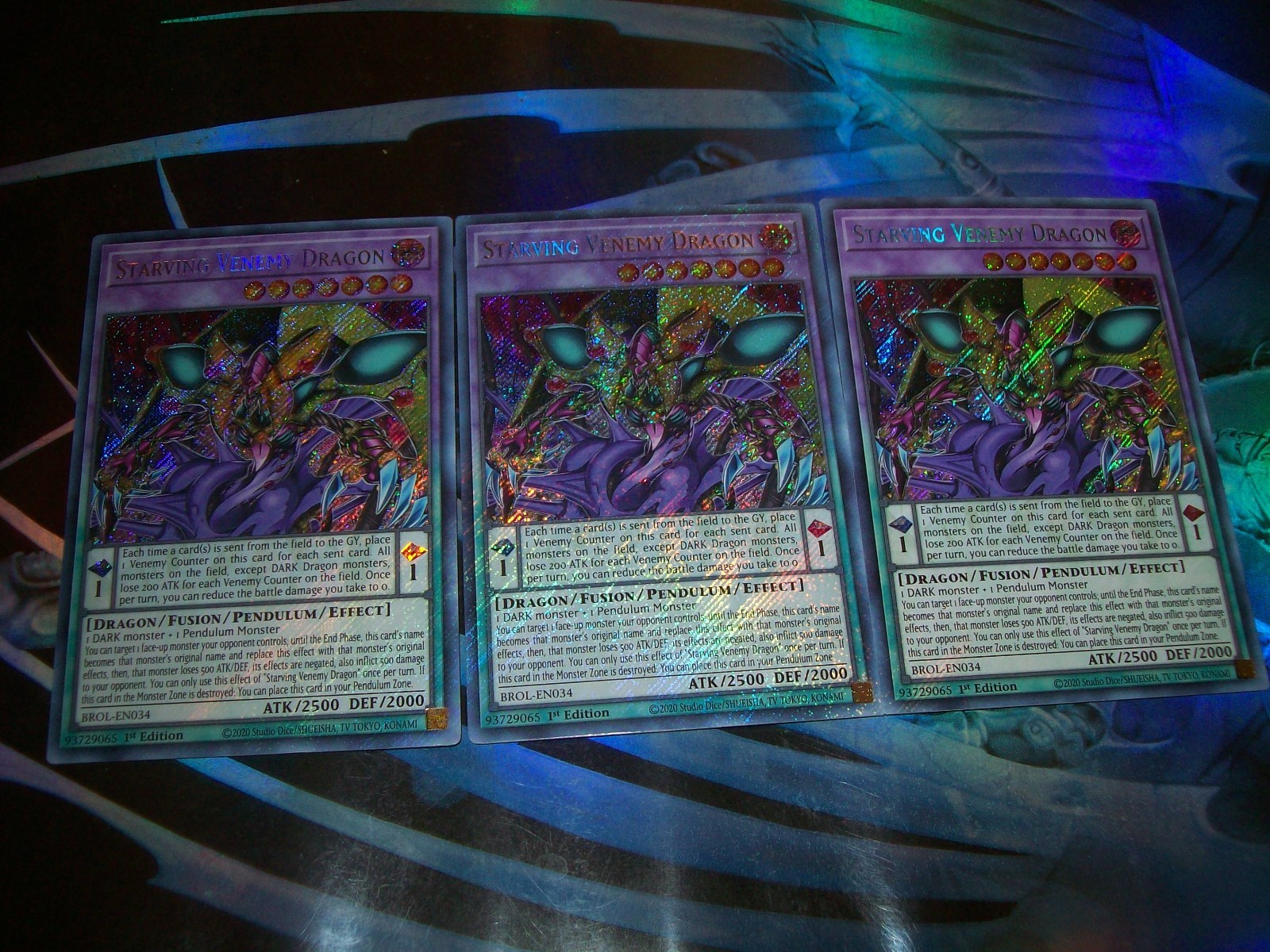 3x Starving Venemy Dragon 1st Edition Secret Rare BROL-EN034 Yu-Gi-Oh 3x Starving Venemy Dragon 1st Edition Secret Rare BROL-EN034 Yu-Gi-Oh