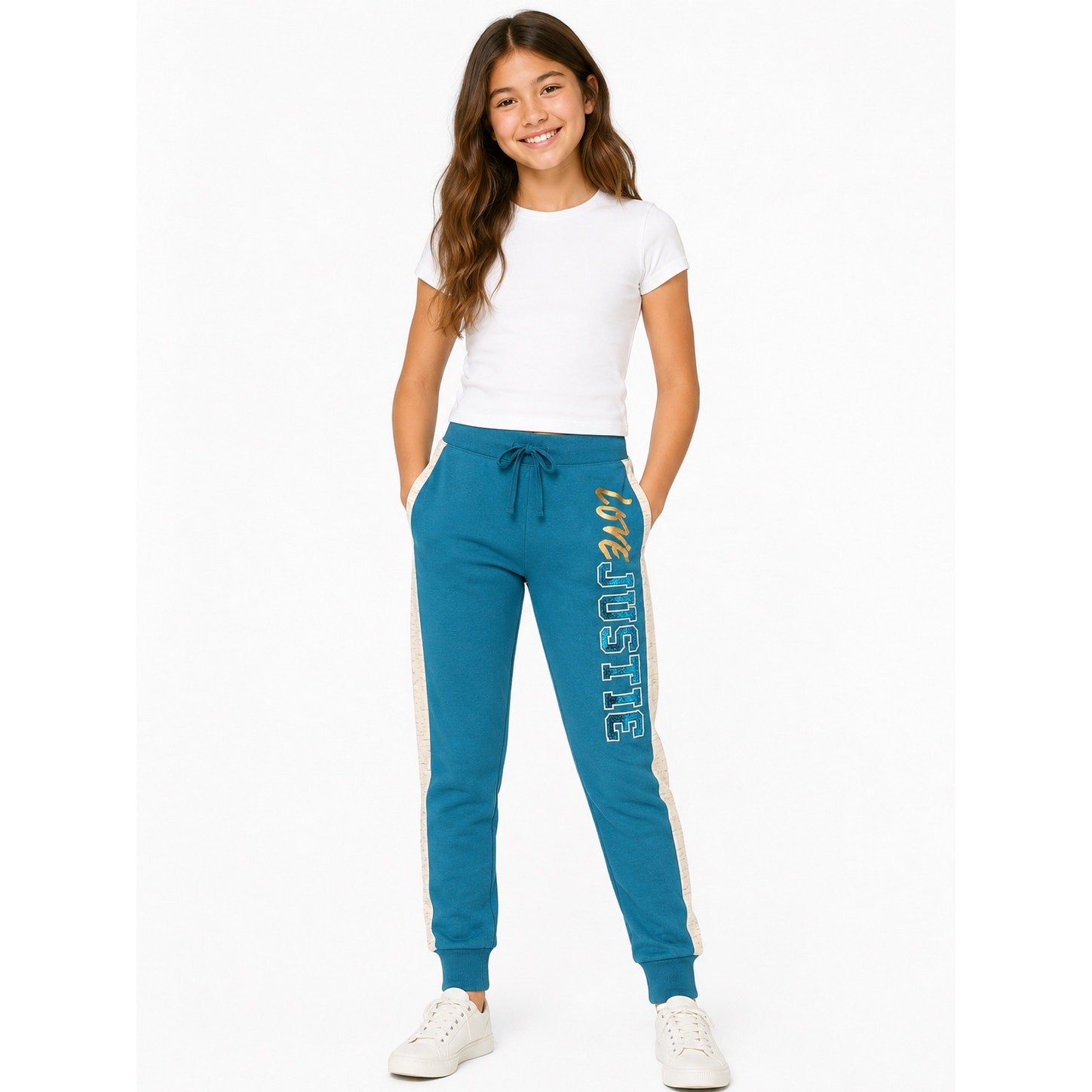 NWT Justice Active Teal Love Justice Sequin Jogger Pants Girls Size 12