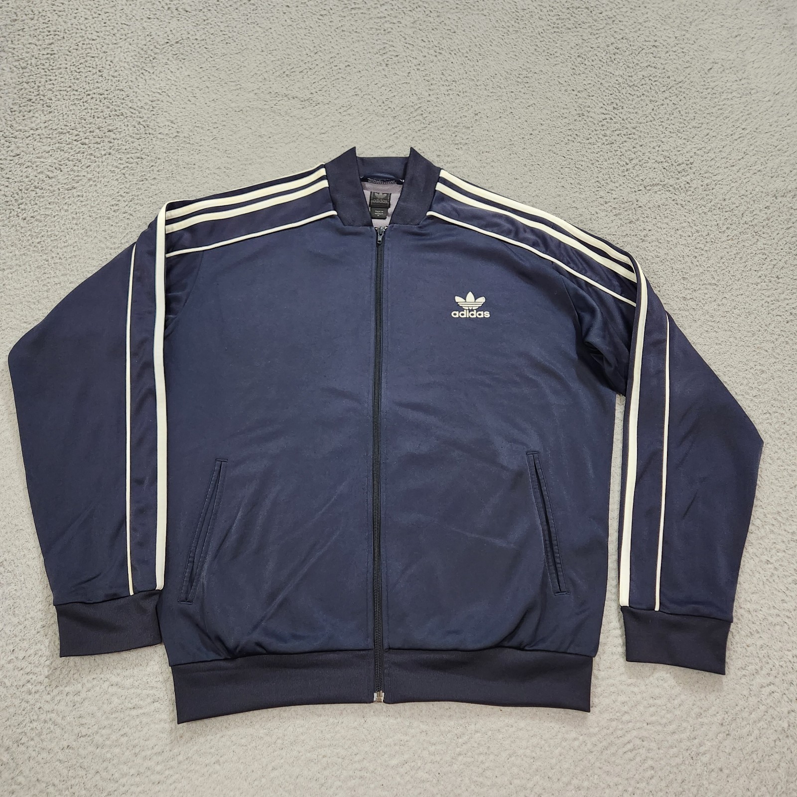 Vintage Adidas Jacket Mens Medium Blue Navy Stripe Track Full Zip Trefoil Y2K