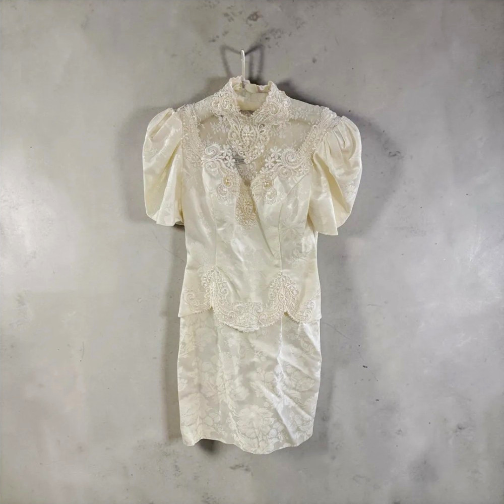 VTG 80s Scott McClintock Dress Size 4 White Lace Damask Puff Sleeve Mini Bridal VTG 80s Scott McClintock Dress Size 4 White Lace Damask Puff Sleeve Mini Bridal