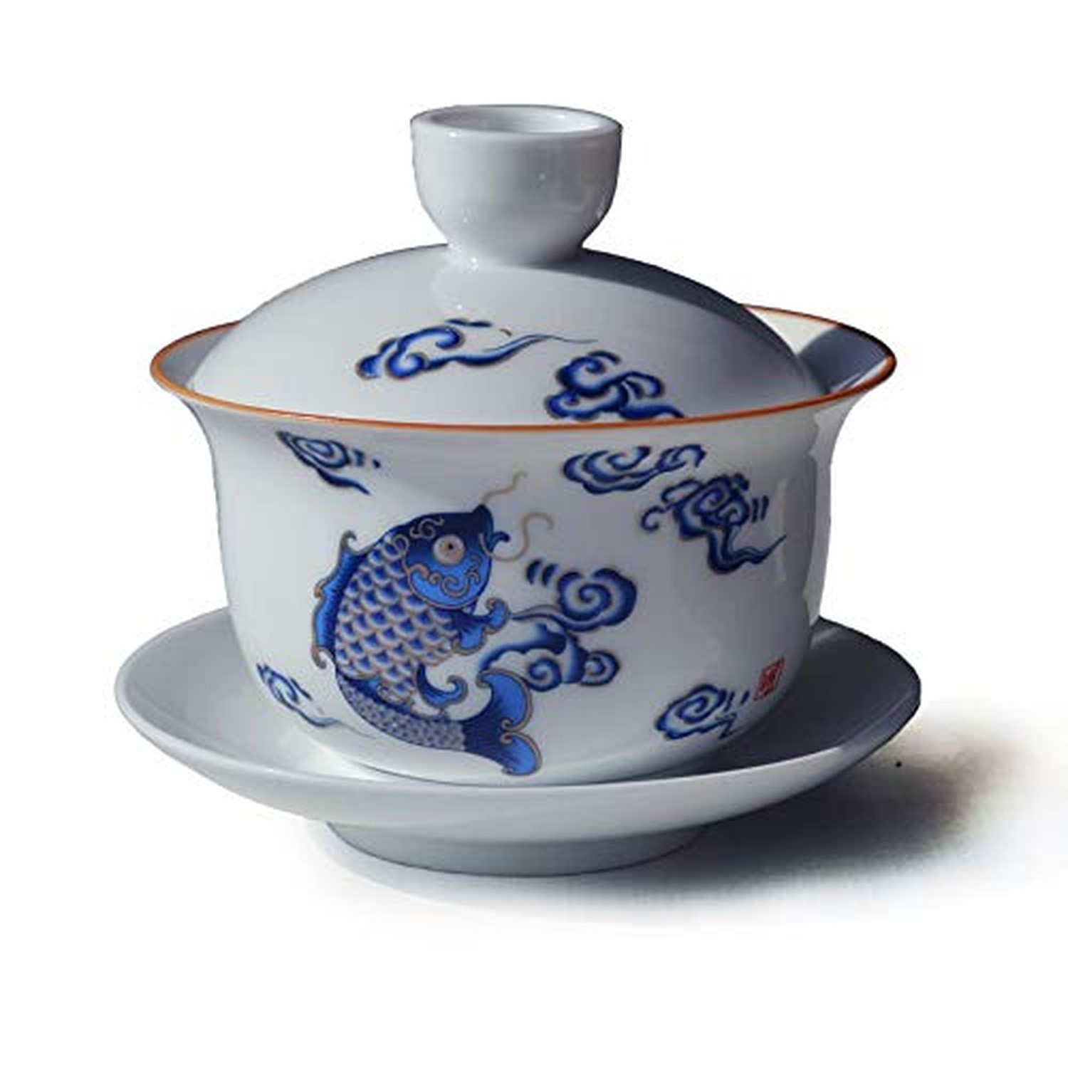 Porcelain Gaiwan 7oz Teaup Jumping Fish White Glazed Tureen Chinese Sancai Co...