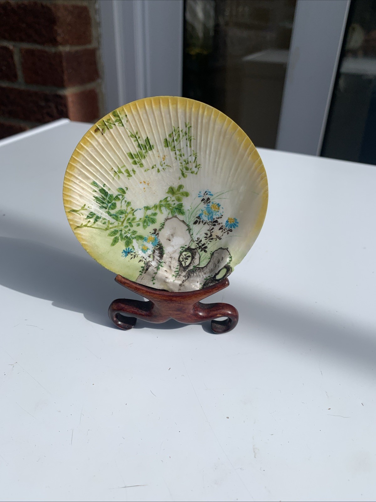 Antique Old Chinese Hand Painted Seashell With Stand Antique Old Chinese Hand Painted Seashell With Stand