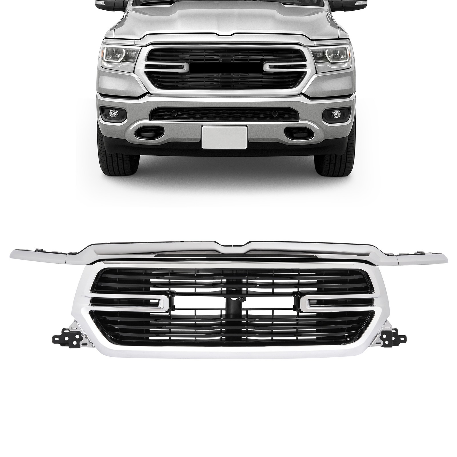 Fit 2019-22 Ram 1500 Front Upper Grill + Grille Molding Trim Set Chrome & Black