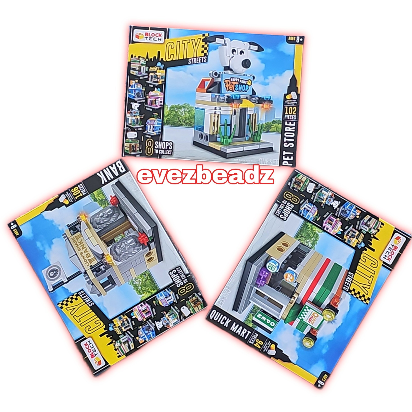 EvezBeadz City Streets Block Tech Toy Set Lot Bank Pet Store Quick Mart NIB 
