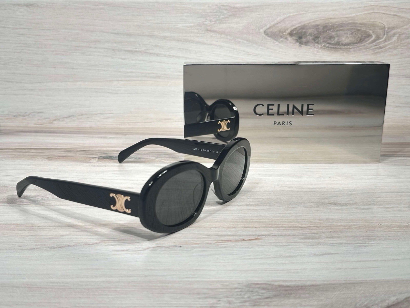 Celine CL40194 Triomphe Oval Shiny Black 01A 40194 Sunglasses - Ships Now