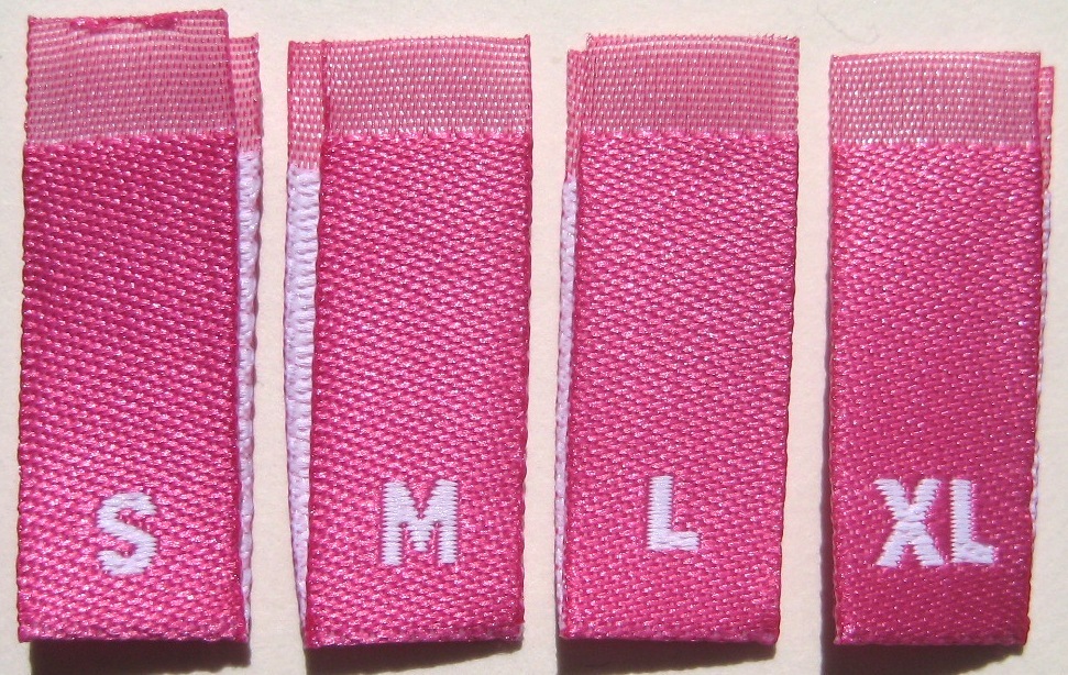 50 pcs HOT PINK WOVEN CLOTHING LABELS, SIZE TAGS S, M, L, XL (13pcs each) 