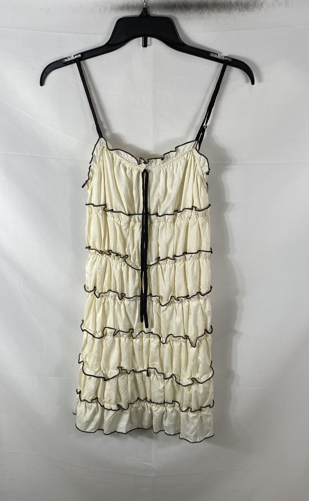 Bailey Rose Women\'s Cream Black Trim Tiered Ruffle Cami Dress Blouse Sz S NWT
