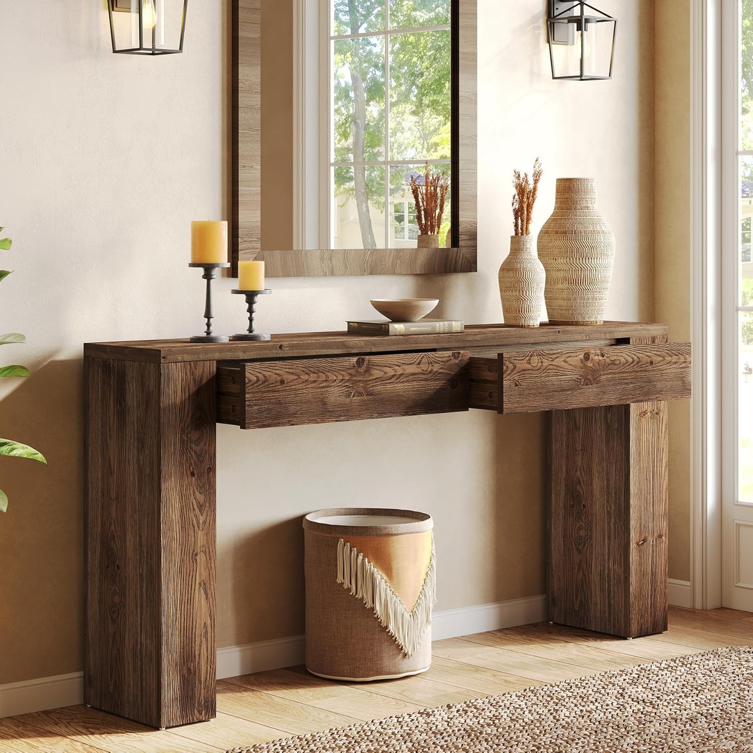 63-Inch Farmhouse Entryway Solid Wood Console Table with 2 Drawers for Hallway