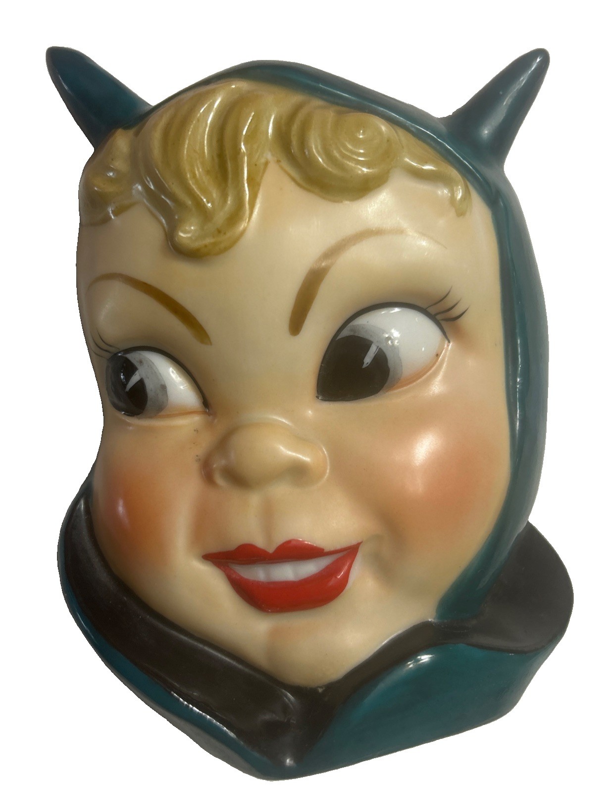 Vtg Blue Norcrest Japan Ceramic Pixie Devil Wall Pocket Anthropomorphic