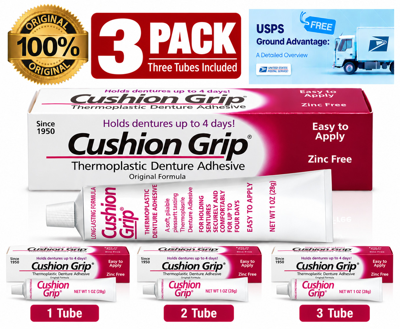 Cushion Grip Thermoplastic Denture Adhesive 1 oz, 3 Pack