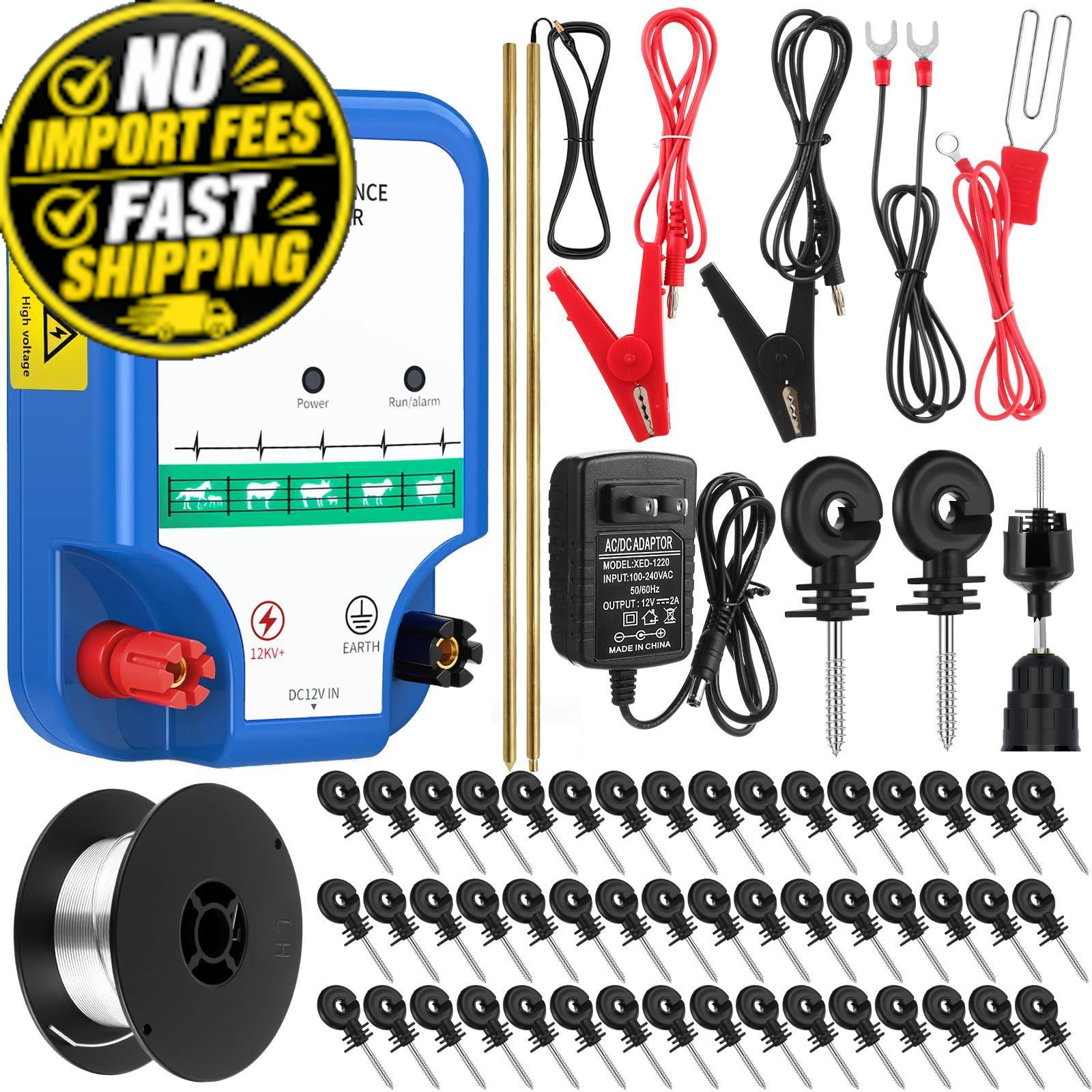 MorningRo Electric Fence Kit, 8 Mile 12kV 2J Charger Blue