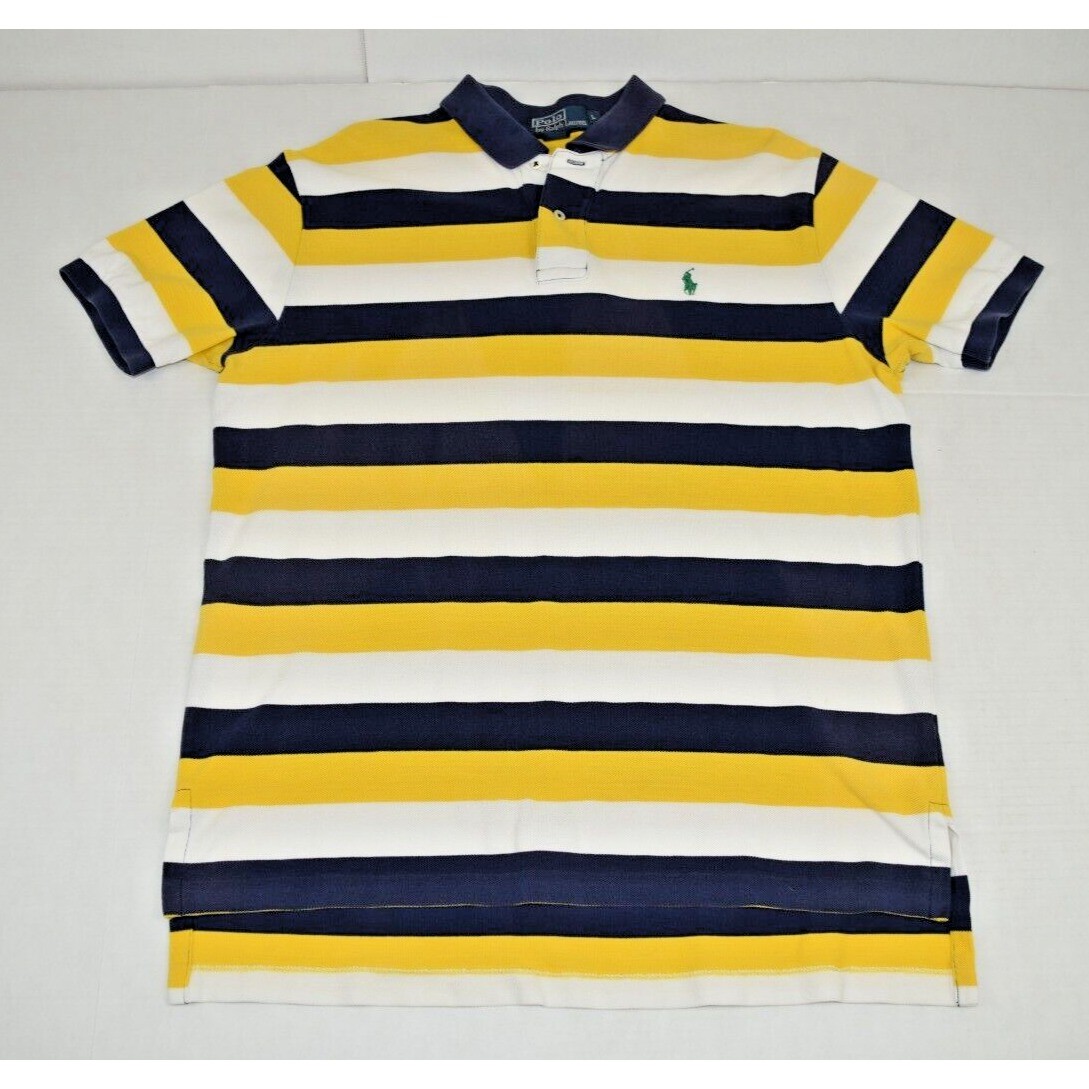 Vintage 90s Polo Ralph Lauren Shirt Mens L Navy Blue Yellow White Stripe Cotton