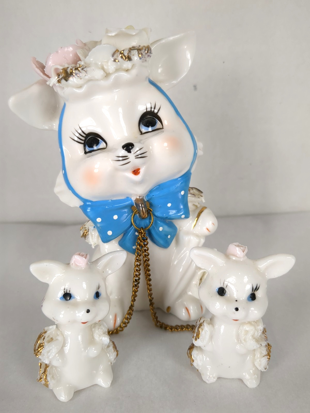 Vintage Lefton Spaghetti Cat Mom Chained 2 Kittens Figurine MCM 5 Vintage Lefton Spaghetti Cat Mom Chained 2 Kittens Figurine MCM 5
