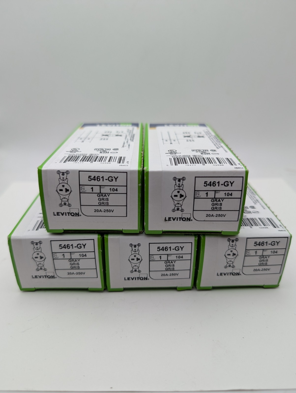 Lot of 5 - LEVITON 5461-GY - INDUSTRIAL GRADE Single Outlet 20A 250V