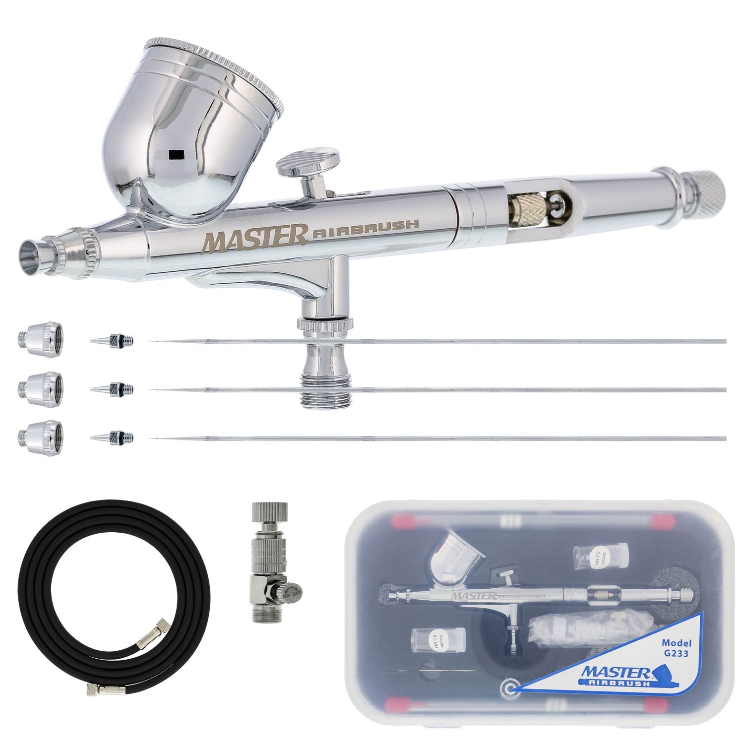 G233 Pro Set Master Gravity Airbrush Kit 3 Fluid Tips Air Hose, Hobby Auto Art
