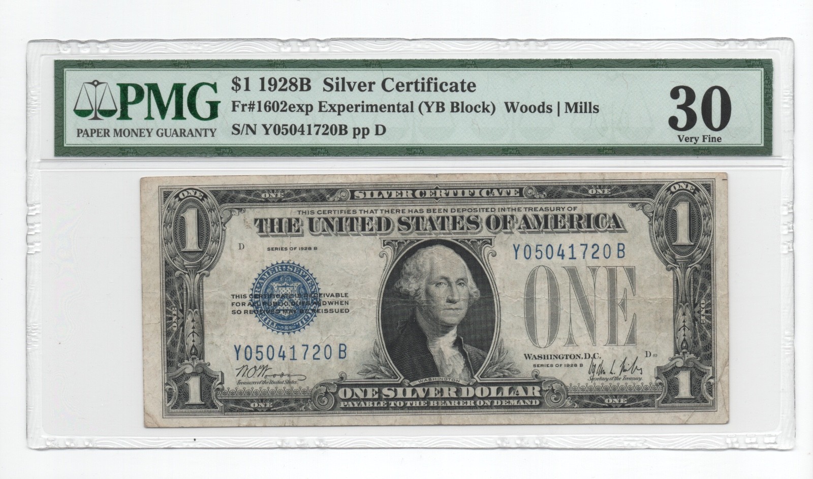 $1 1928B EXPERIMENTAL - Silver Certificate - fr. 1602exp - YB block - PMG 30 $1 1928B EXPERIMENTAL - Silver Certificate - fr. 1602exp - YB block - PMG 30
