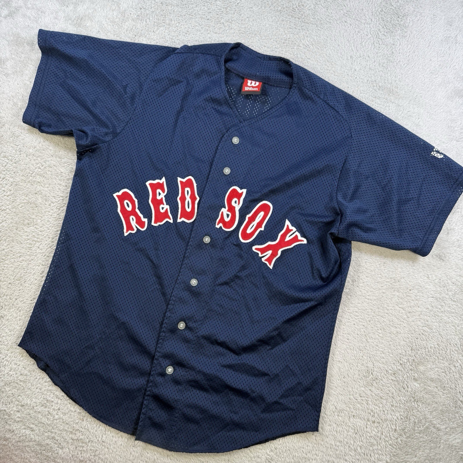 VTG Boston Red Sox Jersey Mens Large Navy Mesh Made USA MLB Baseball Maddox #11