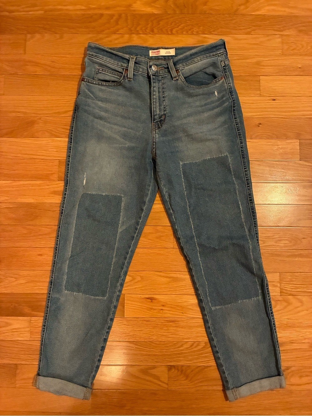 Signature by Levi Strauss Blue Patchwork Boyfriend Jeans with Rolled Hems