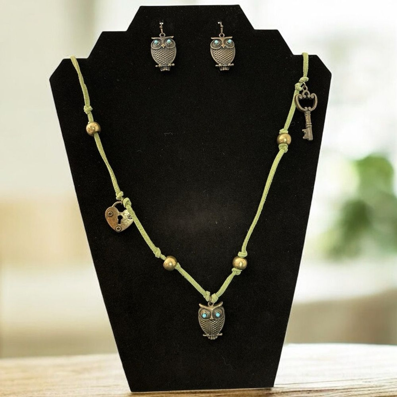Vintage Green Suede and Gold Tone Owl Charm Necklace and Earring Set