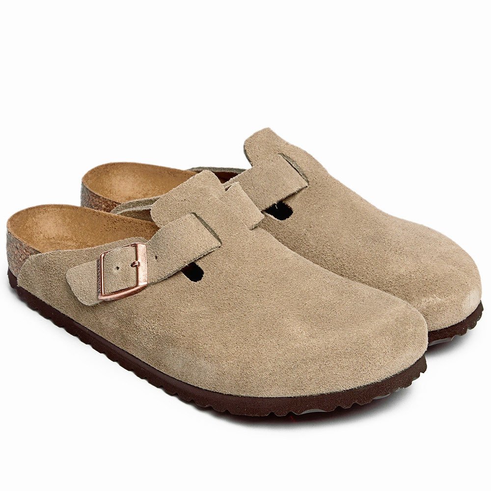 Birkenstock Boston Taupe Soft Footbed Suede Leather Clogs Unisex Casual Shoes
