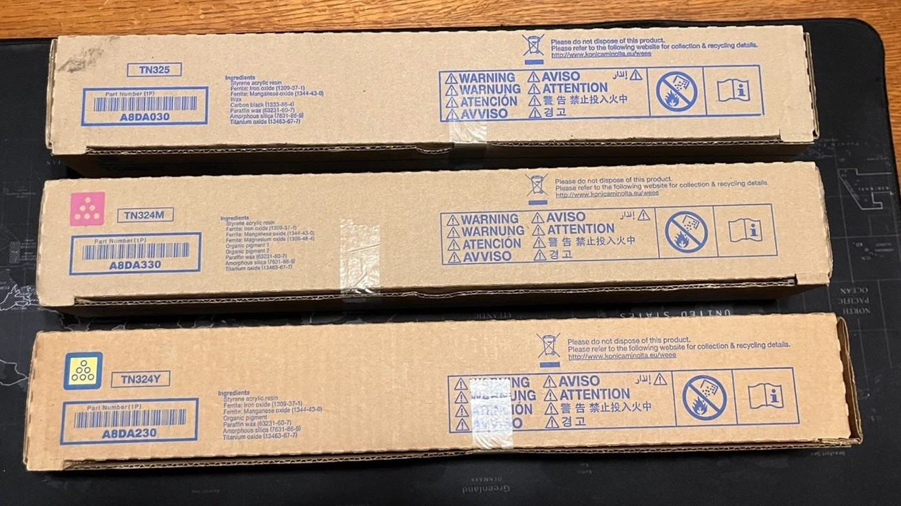 Lot of Genuine Konica Minolta Toners TN324Y A8DA230 TN324M A8DA330 TN325 A8DA030 Lot of Genuine Konica Minolta Toners TN324Y A8DA230 TN324M A8DA330 TN325 A8DA030