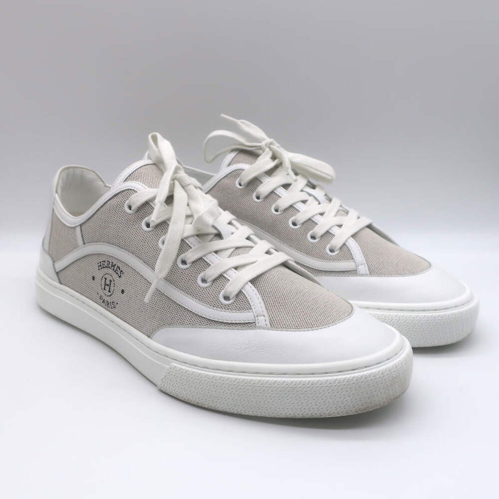 Hermes Get Low Top Sneakers Beige Canvas & White Leather Size 43.5