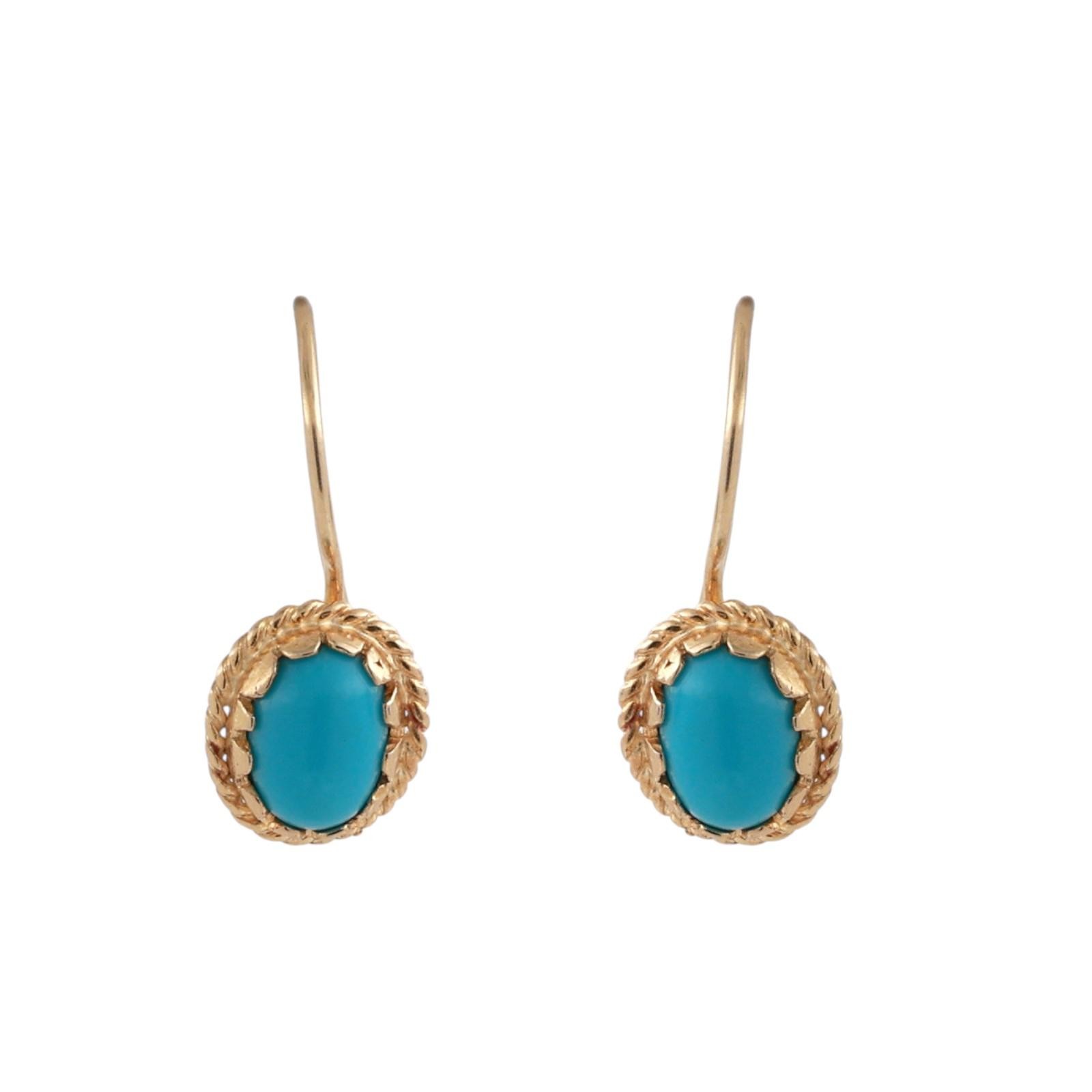 14K Yellow Gold Reconstituted Turquoise Cabochon Oval Rope Frame Dangle Earrings