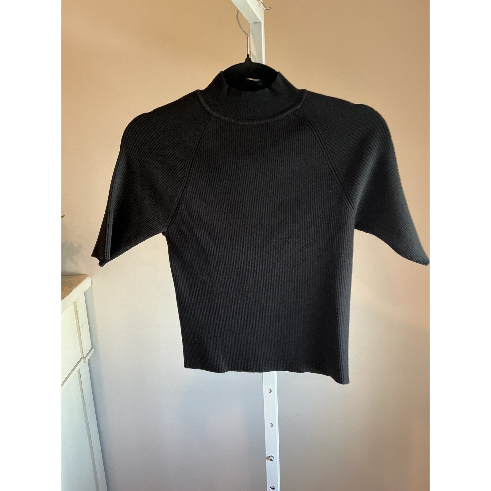 AQUA Black Ribbed Mock Neck Cutout Back Short Sleeve Sweater Small NWT AQUA Black Ribbed Mock Neck Cutout Back Short Sleeve Sweater Small NWT