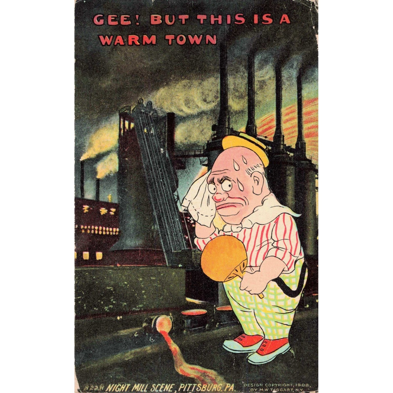 Vintage 1908 Pittsburgh PA Night Mill Scene Comic Postcard M.W. Taggart 1911 PM